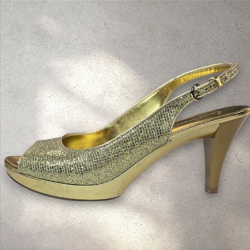 Nine West Gold‎ Metallic Glitter Slingback Heels Size 10